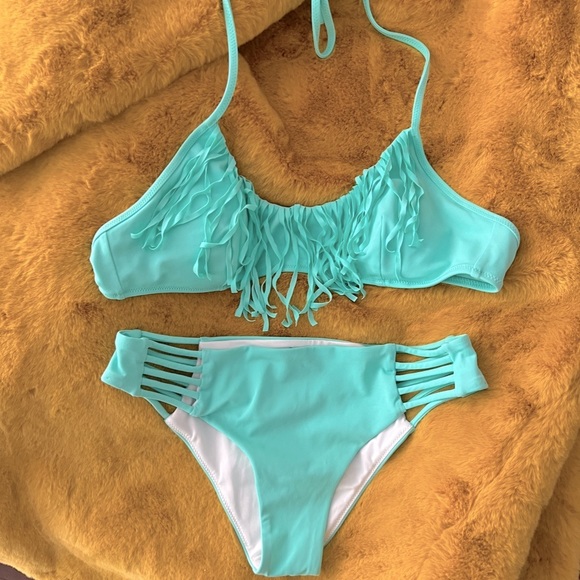 Victoria's Secret Green Mint Frost Scoop Neck Fringe Swim Padded Top NWOT S - Picture 5 of 9